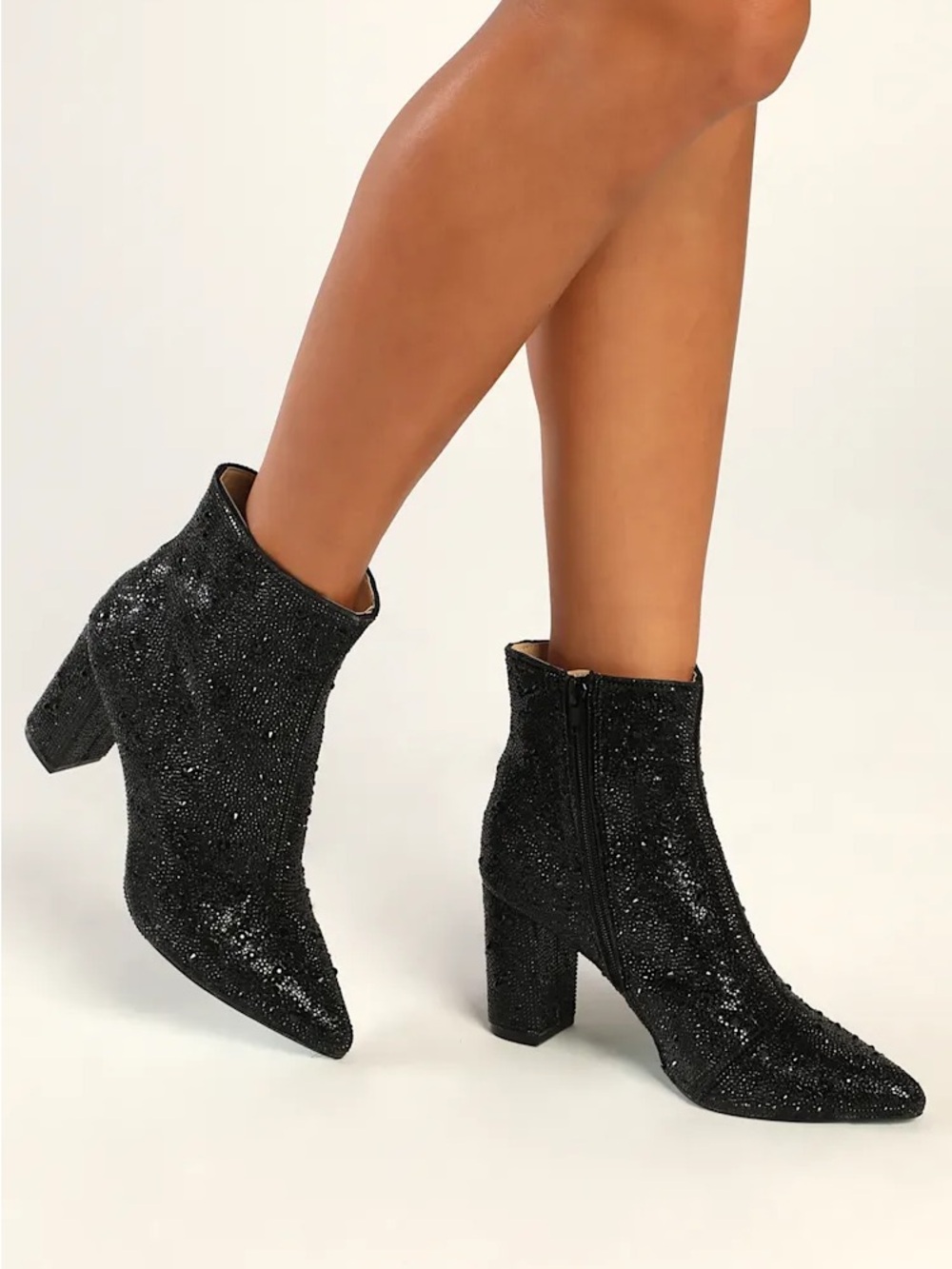 Black Rhinestones Pointed Toe Ankle Boots - Women